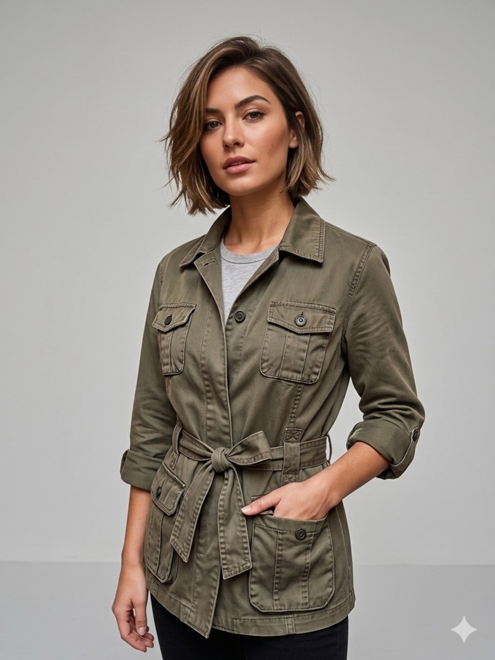 Jacob Olive Green Utility Jacket with Waist Tie Size 11-12 Cotton Pockets